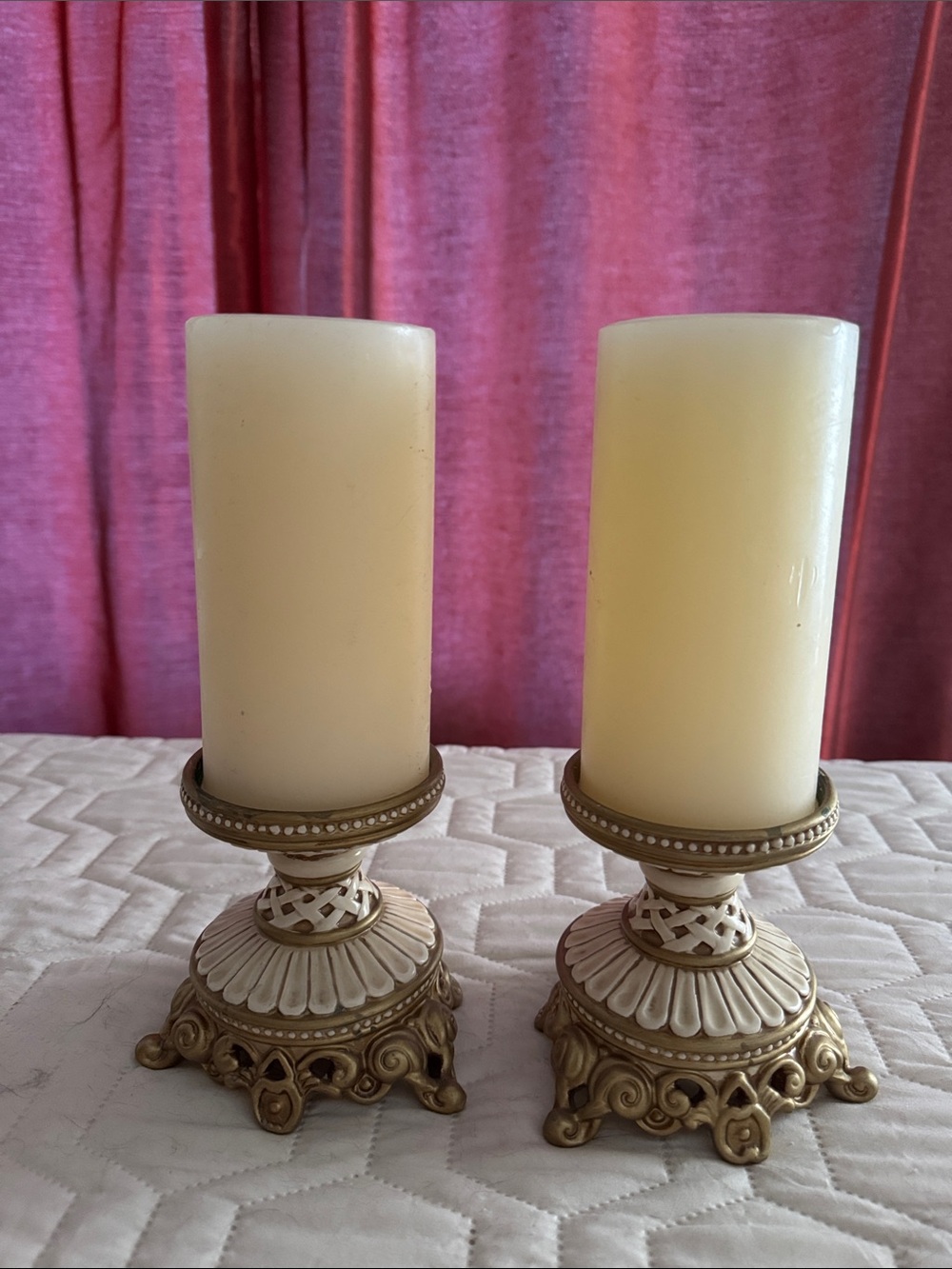 Fitz and Floyd Cream Pillar Candle Holders with Gold Accents